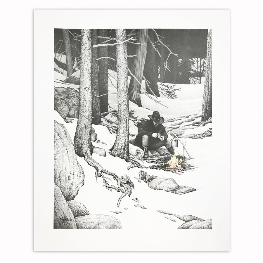 Pencil Drawing of Outdoorsman/ Hunter/ Cowboy sitting by a fire in the snowy mountains