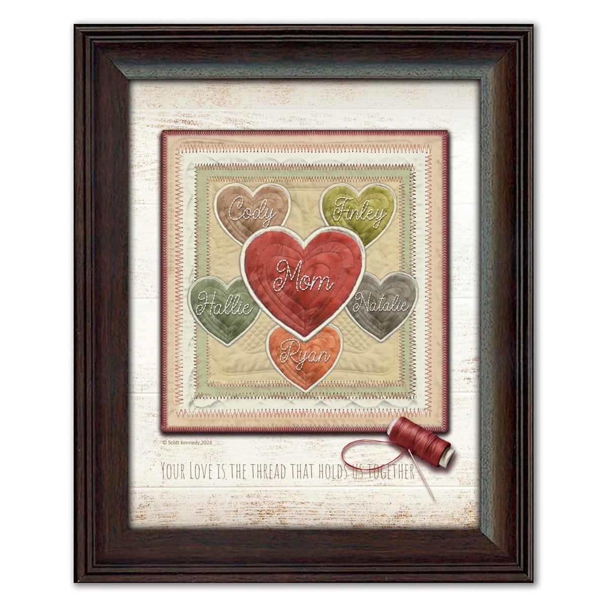 Personalized gift for Mom with Kid's names stitched into the hearts