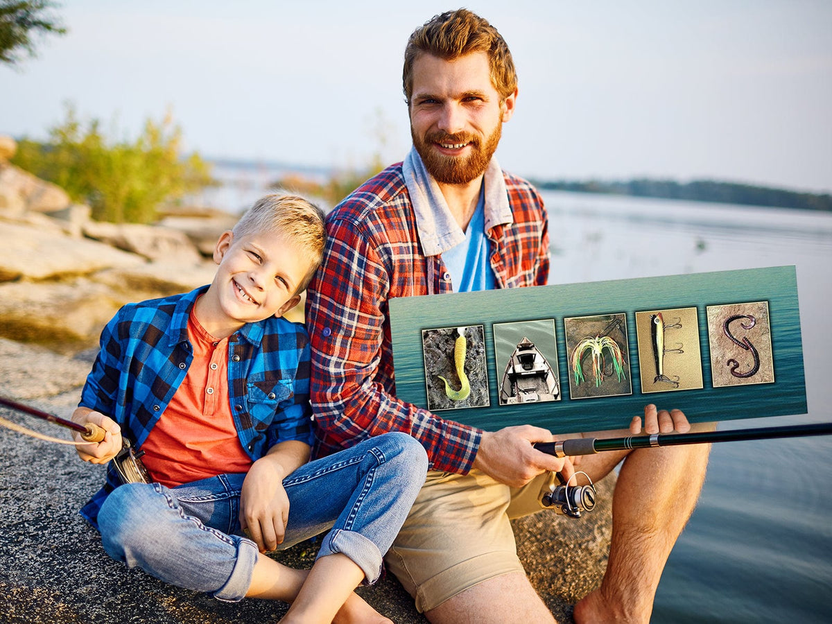 man receiving sentimental fishing themed gift from son