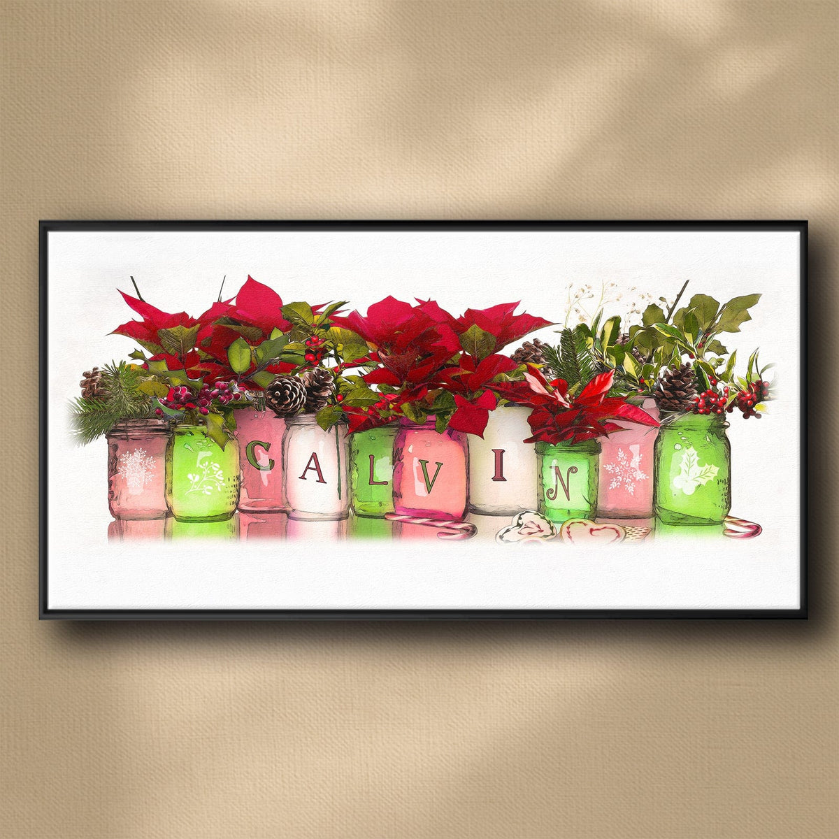 Personal-Prints art 16&quot;x32&quot; Float Framed Canvas Christmas GRANDKIDS Mason Jars