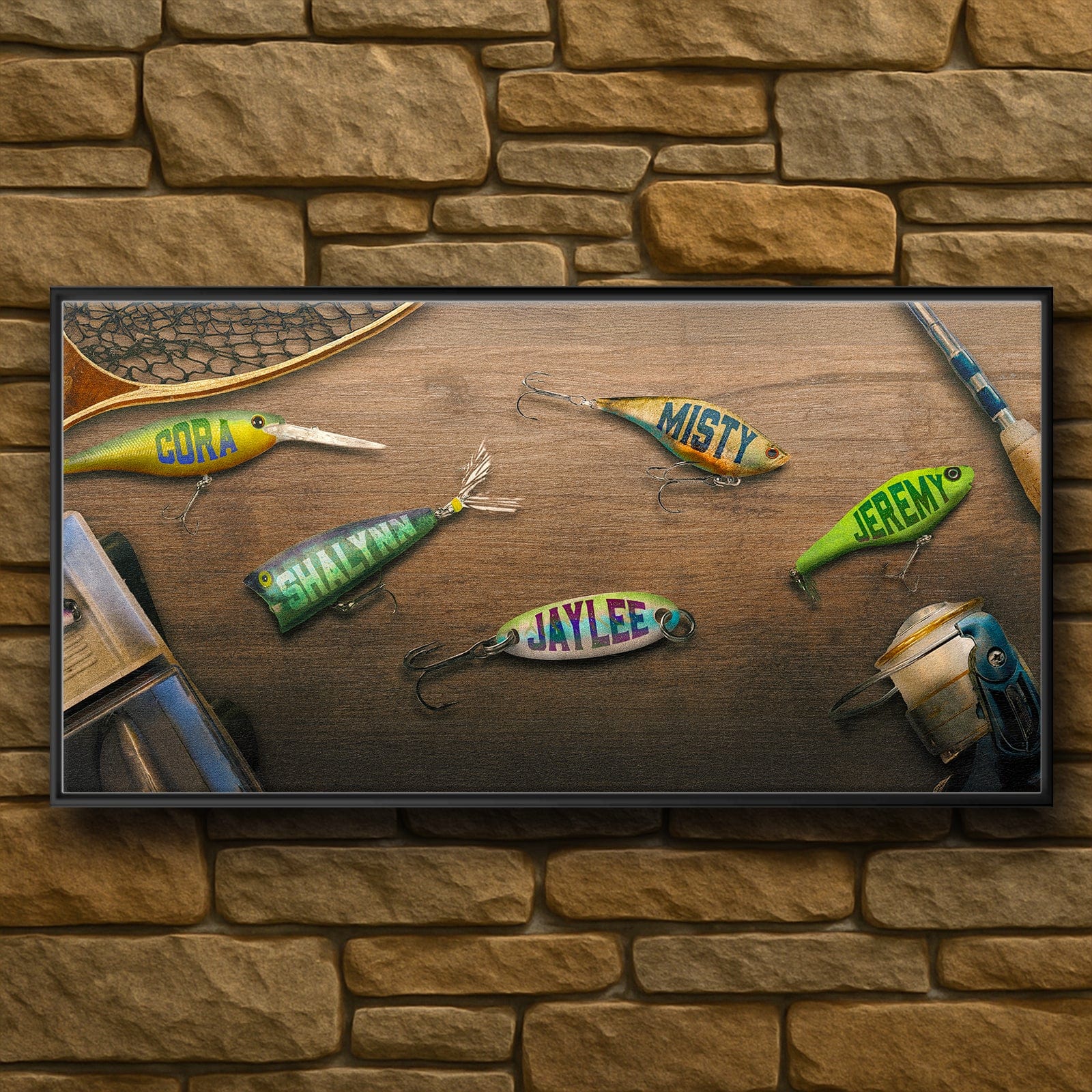 Personal-Prints art 16"x32" Float Framed Canvas Fishing Lures Dad & Children Sign