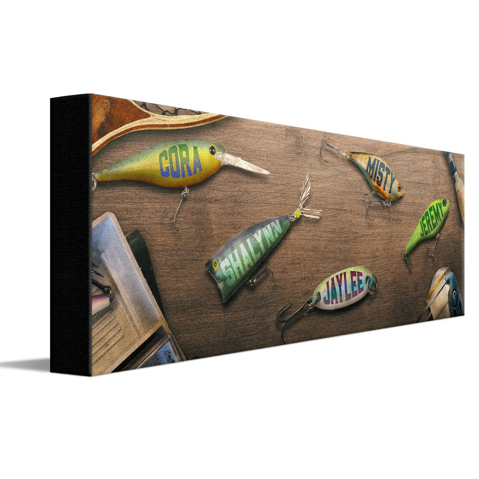 Personal-Prints art 6"x18" Stretched Canvas Fishing Lures Dad & Children Sign