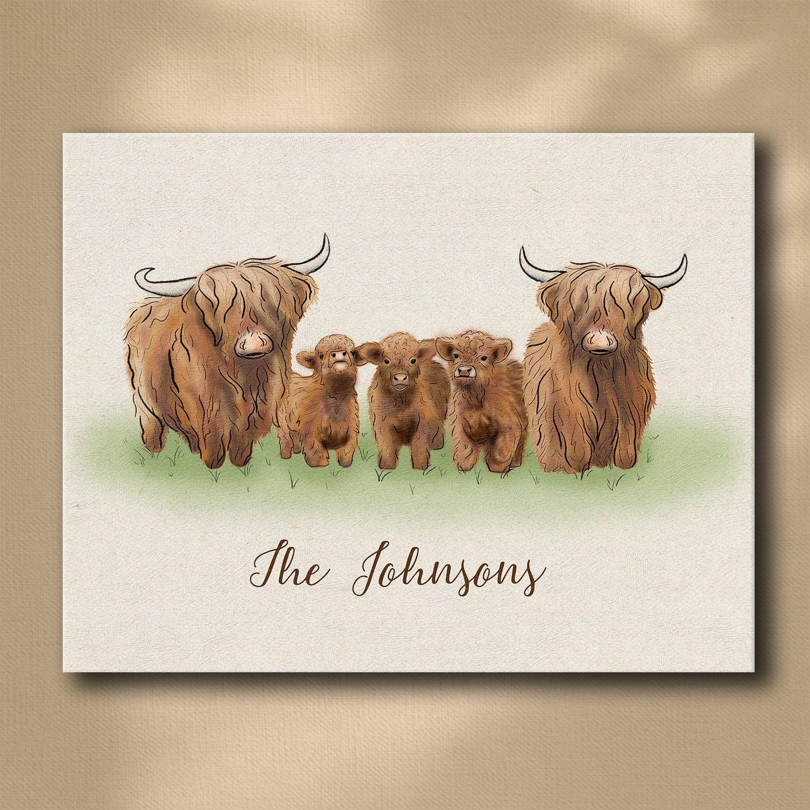 Personal-Prints art 16"x20" Stretched Canvas Highland Cow Family