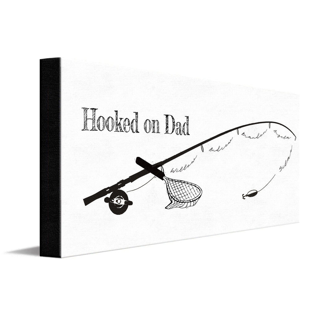dad with ball on fishing pole Hooked - B&W, Customized Art Children's Names - Father's Day Gift Dad Using Fishing Rod for