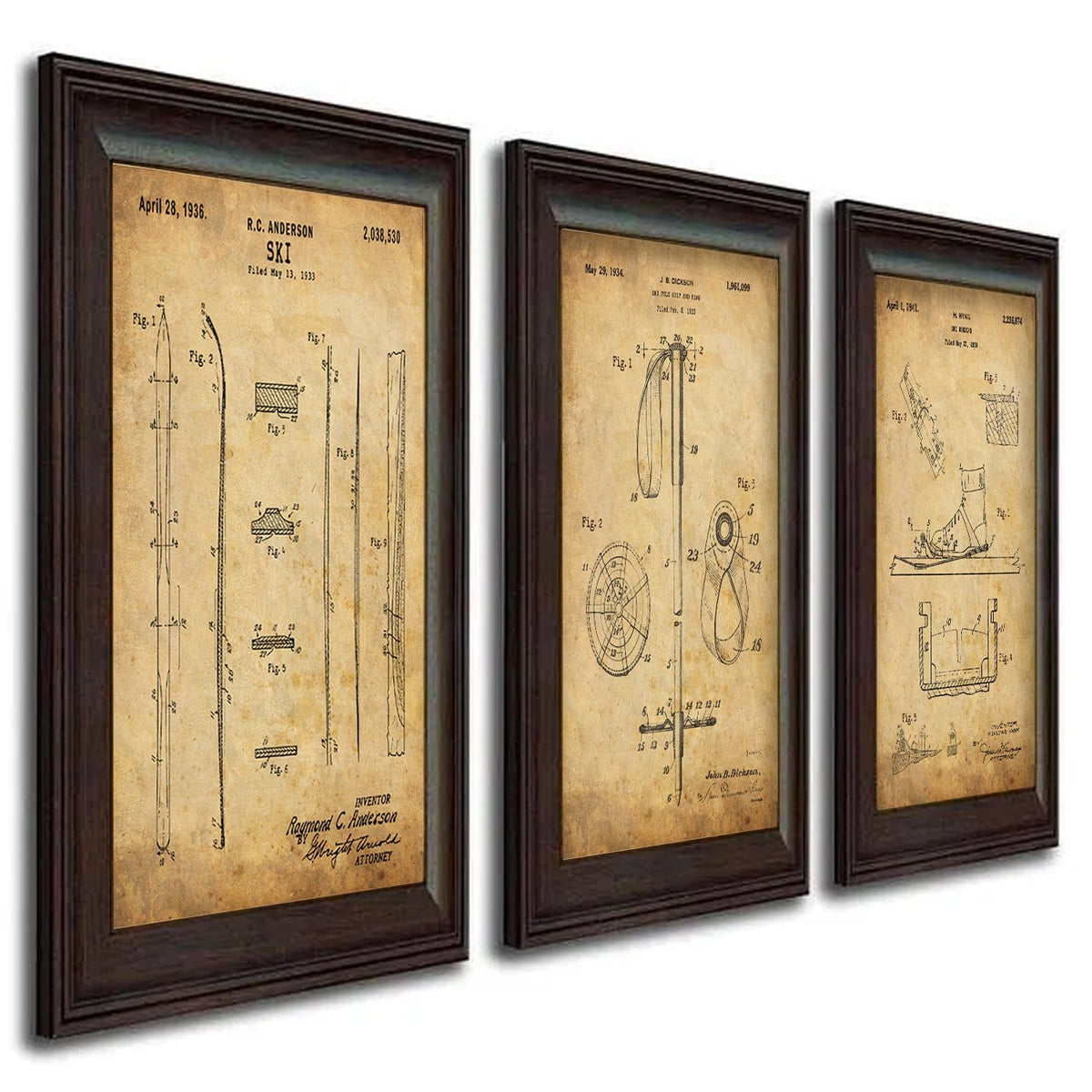 Set of 3 US patent art prints gift for a skiier