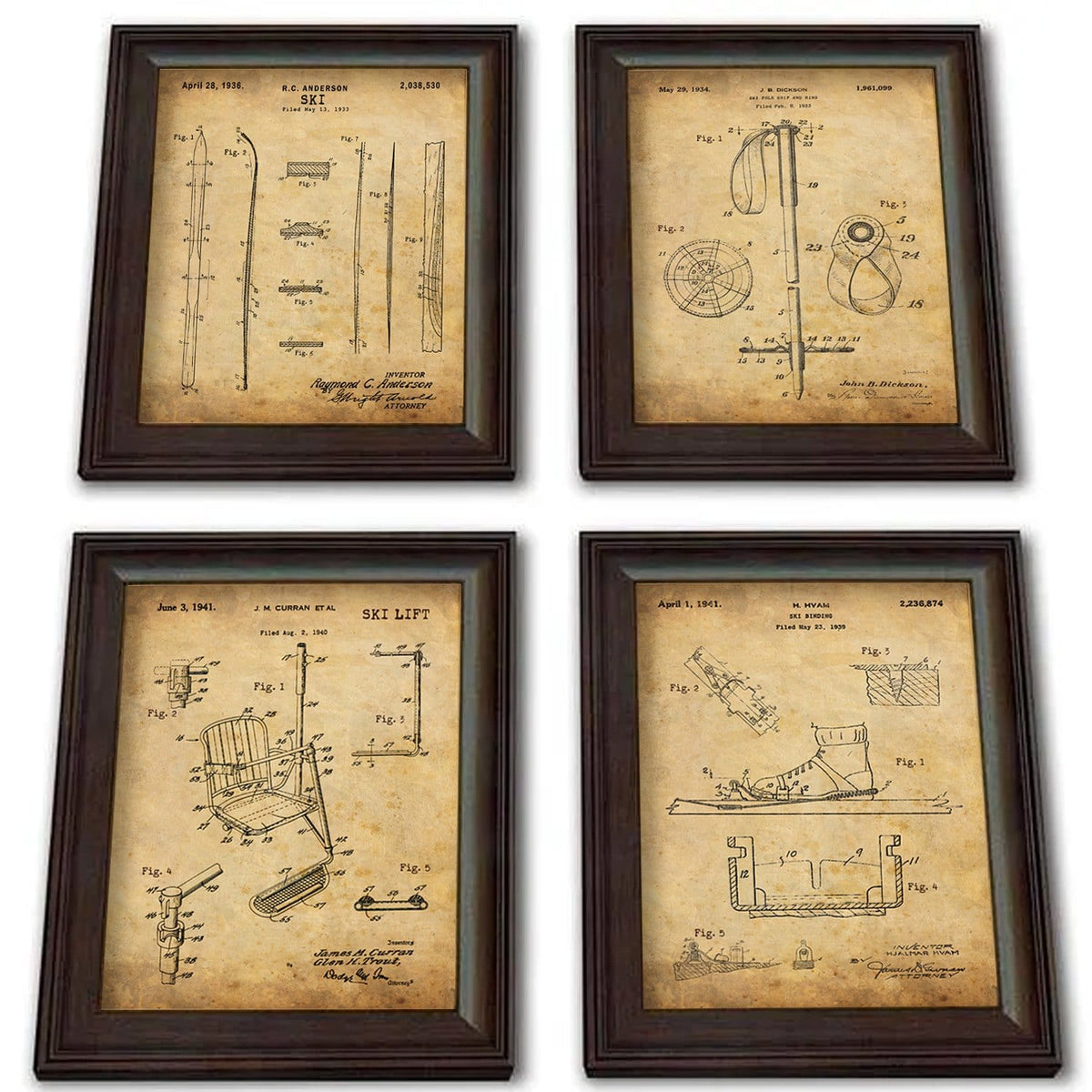 set of 4 US patent drawings include a ski, ski pole, chair lift and bindings