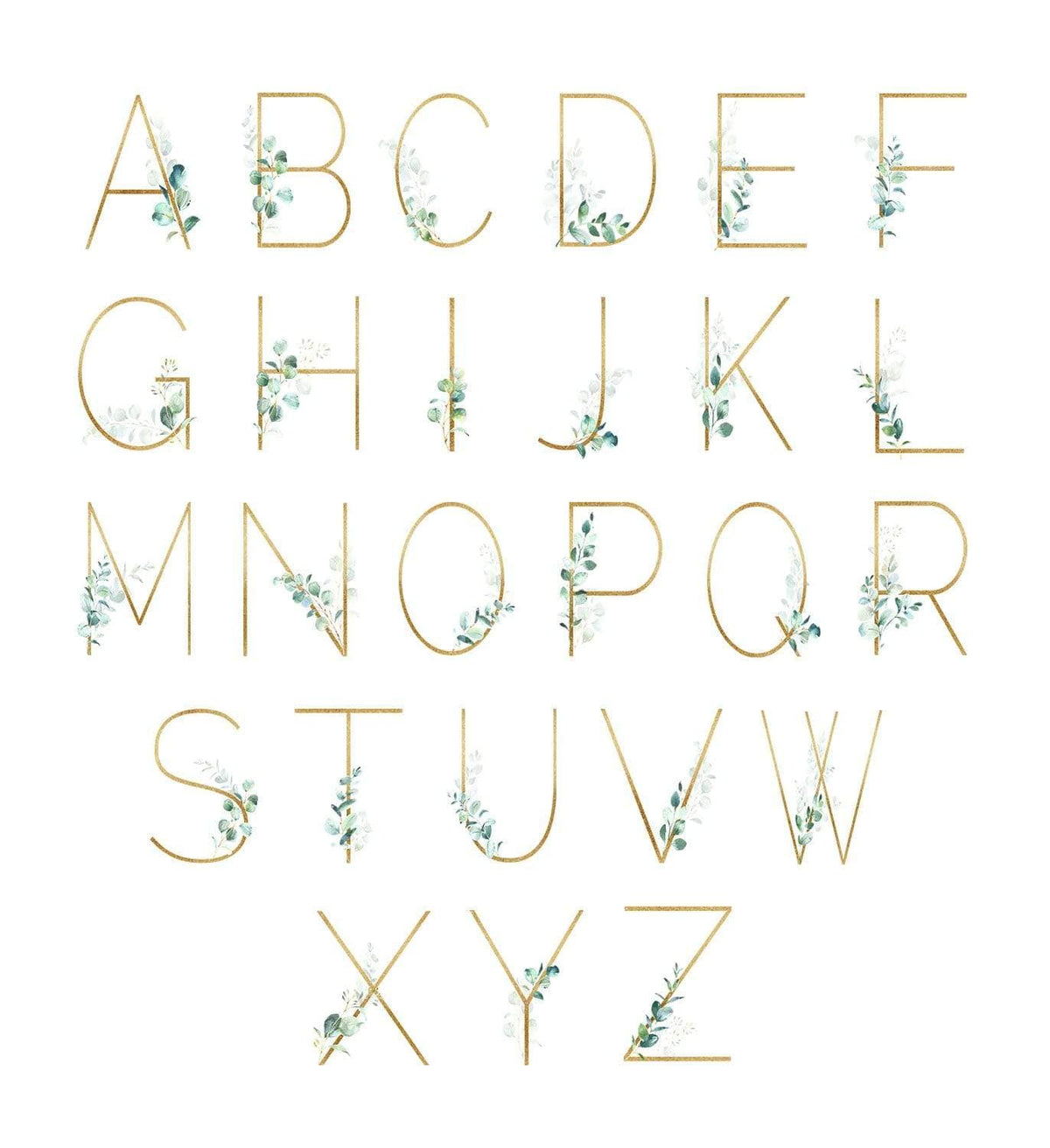 Gold letters, white background, green foliage alphabet