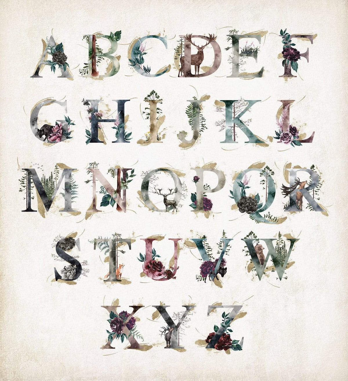 Whimsical Watercolor Monogram Woodland Critters Alphabet