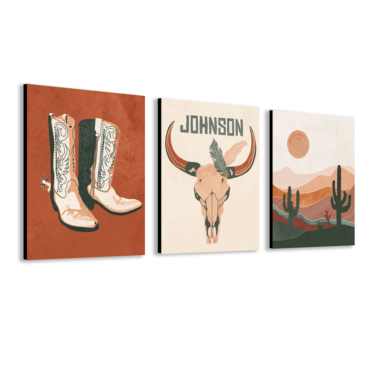 Set of three Southwestern Desert Boho theme art prints featuring your personalization on the center print.
