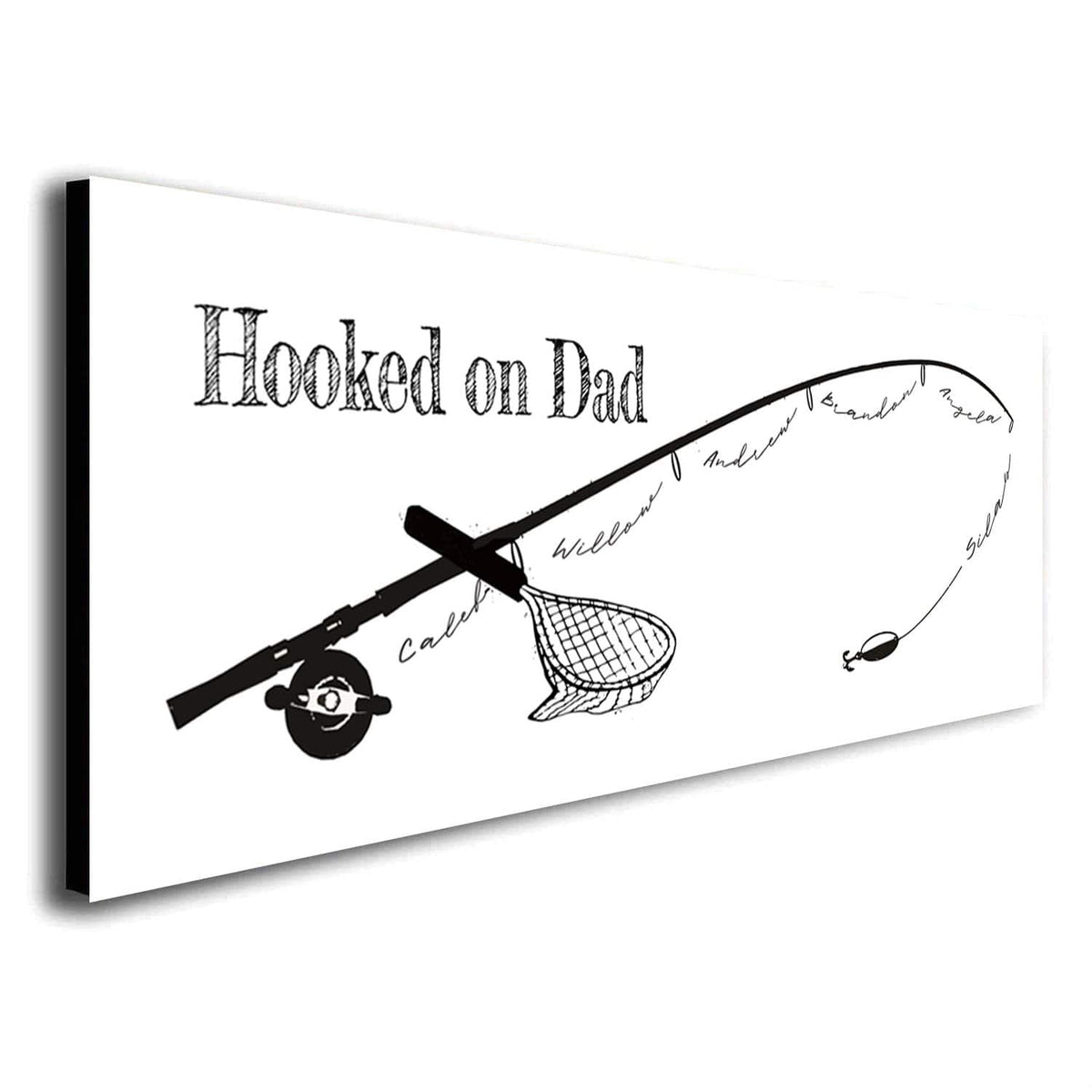 Hooked on Dad - B&W, Customized Fishing Pole Art With Children's