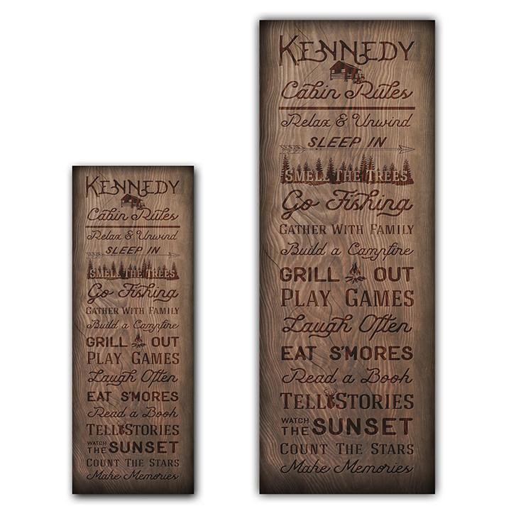 Personalized wood block art with fun cabin family &quot;rules&quot; listed and your name at the top - Sizes