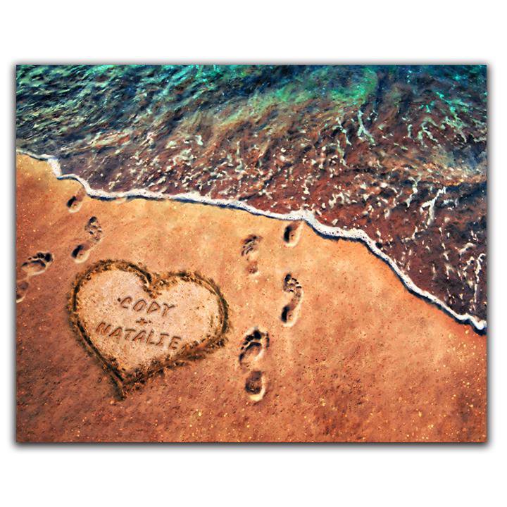 Romantic beach Art With Footprints and a heart drawn in the sand- block mount
