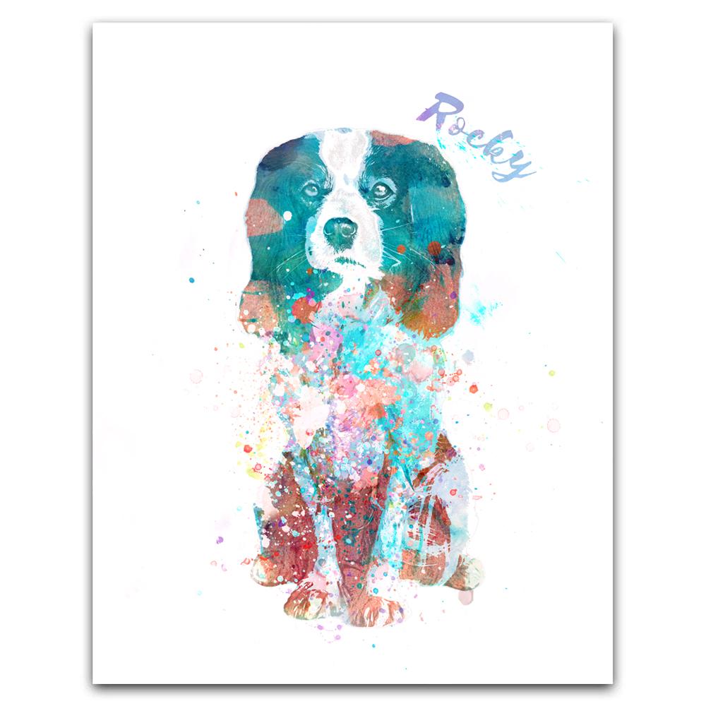 Watercolor style art print of King Charles Spaniel dog personalized with pets name. 