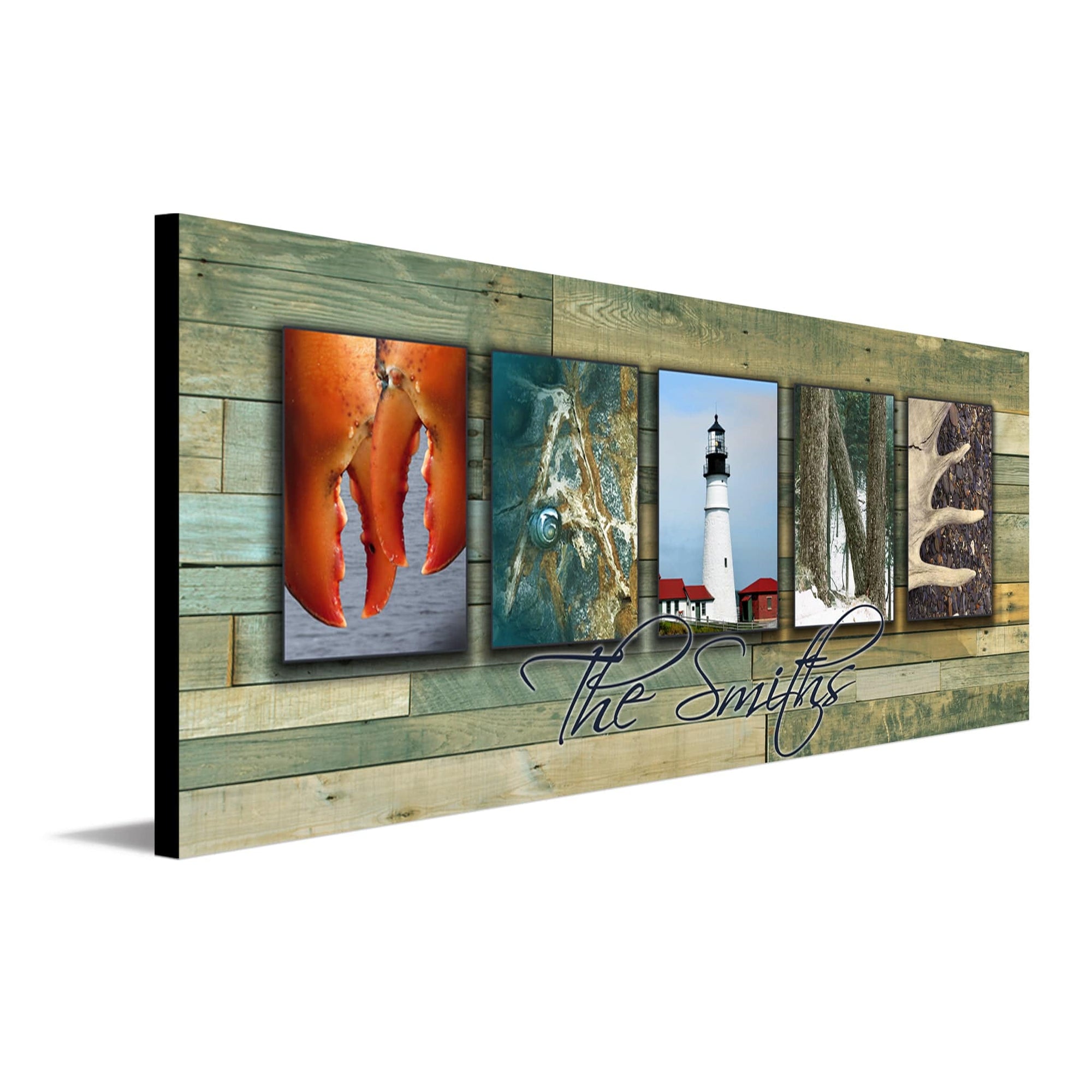 Maine wall art using photographs from around the state to spell the word Maine - Personal-Prints