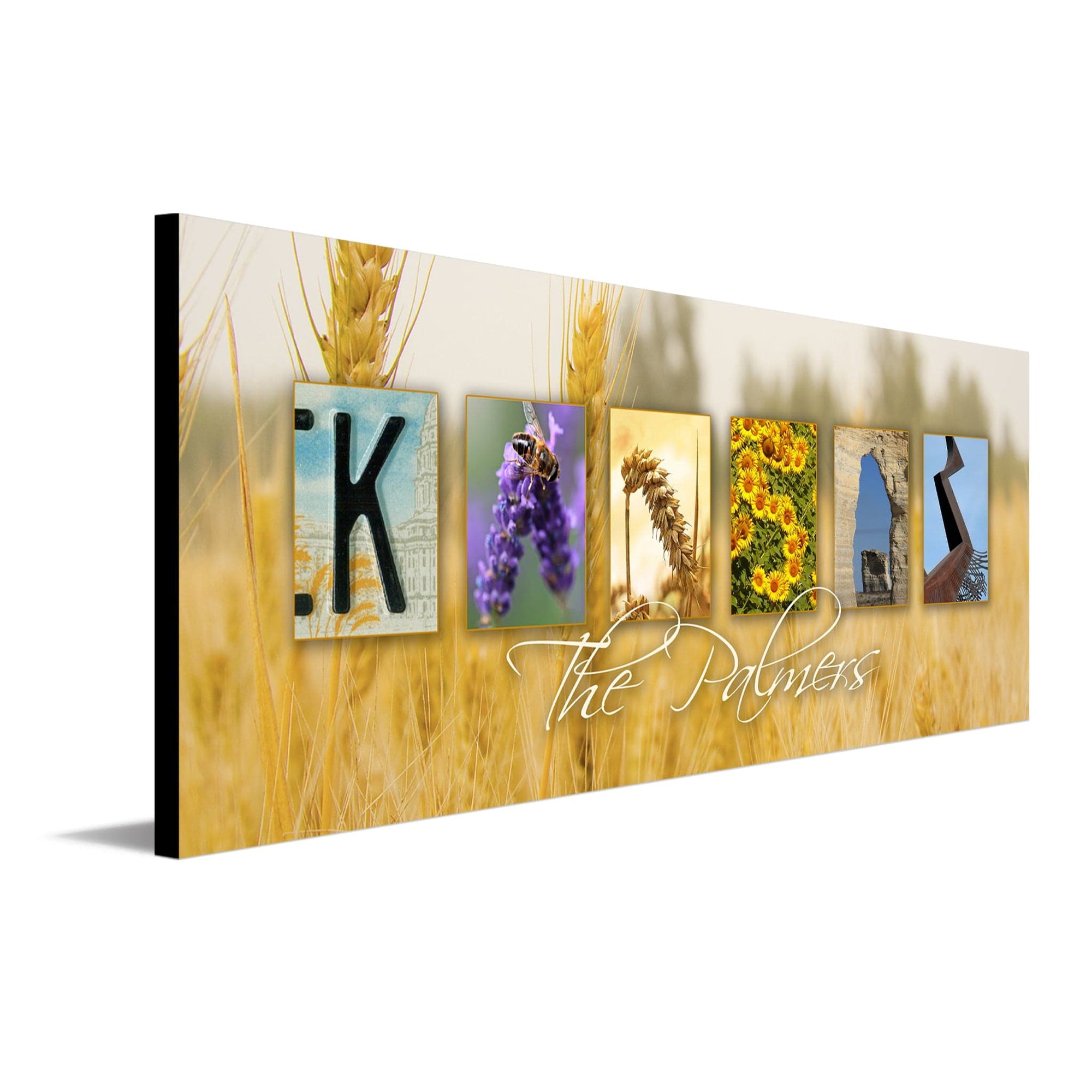 Kansas wall art with a wheat field and images from around the state to spell the word Kansas - Personal Prints
