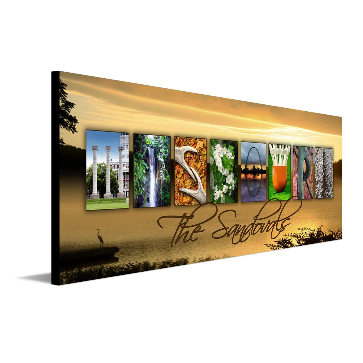 Personalized Missouri state art that uses photographs from the state to spell the word Missouri - Personal-Prints