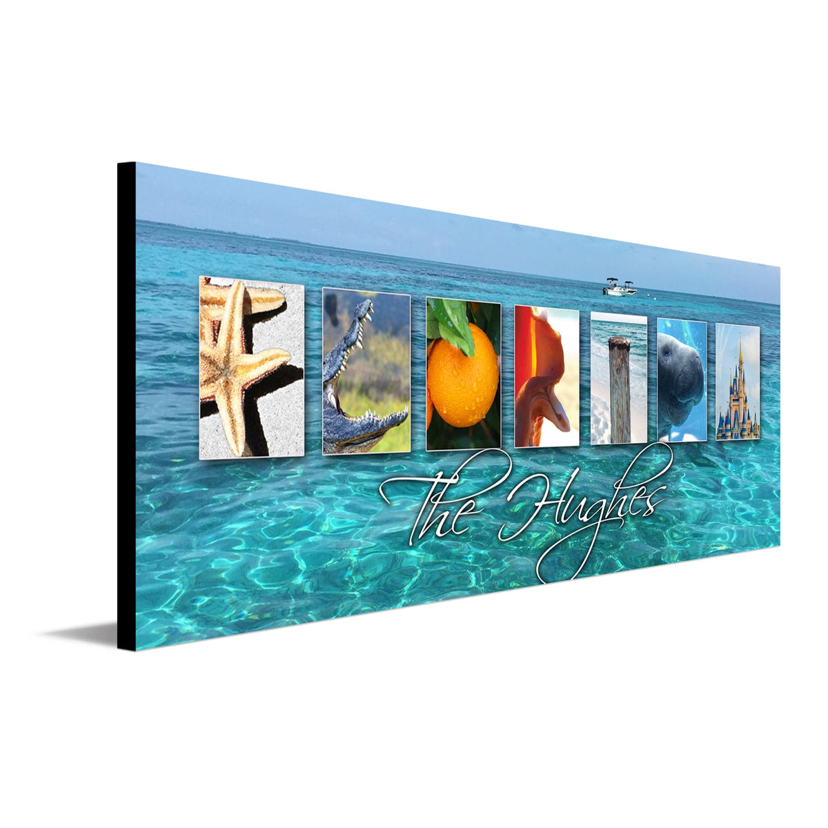 Florida wall art with a bright ocean and images from around the state to spell the word FLORIDA - Personal-Prints
