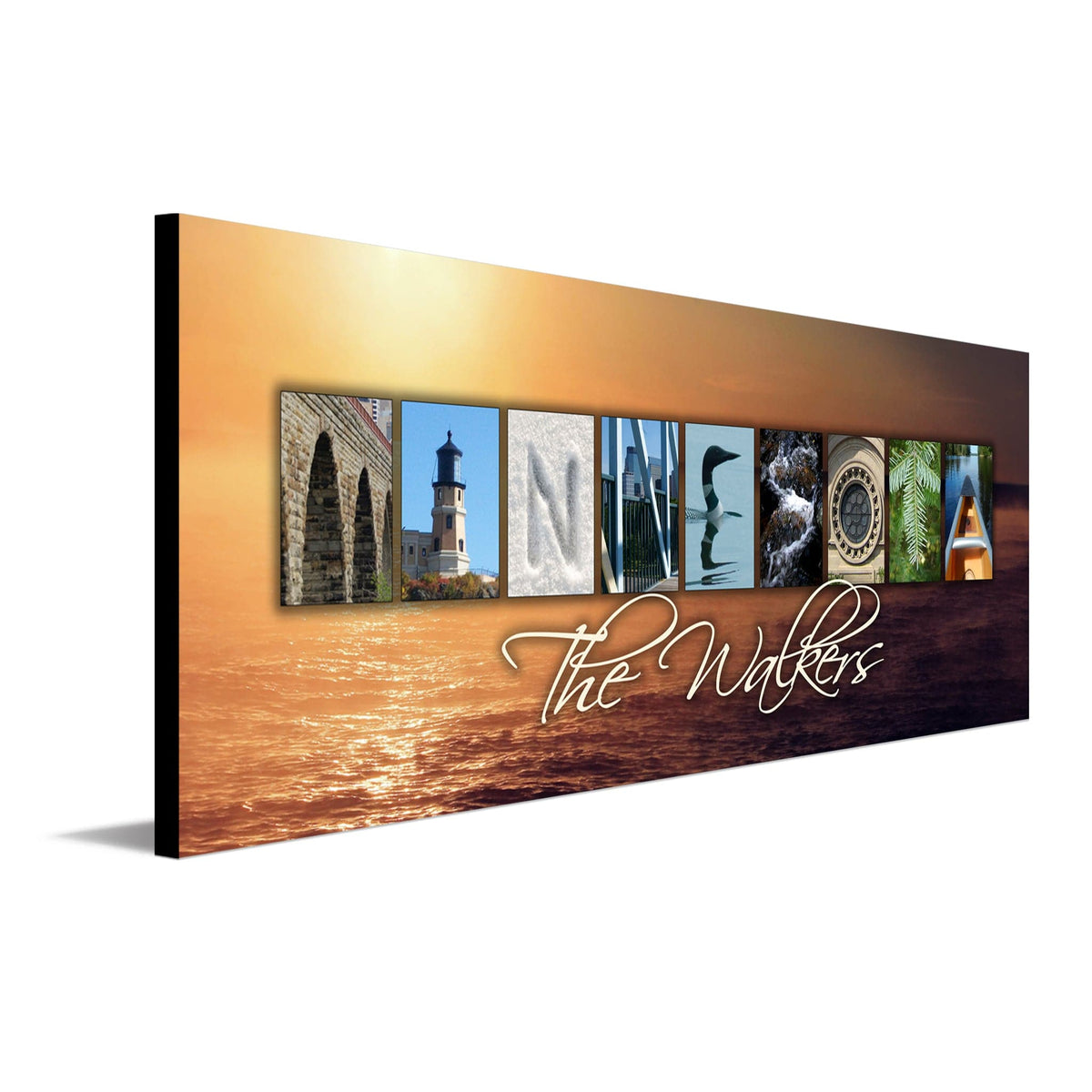 Minnesota wall art using images from the state to spell the word Minnesota - Personal-Prints