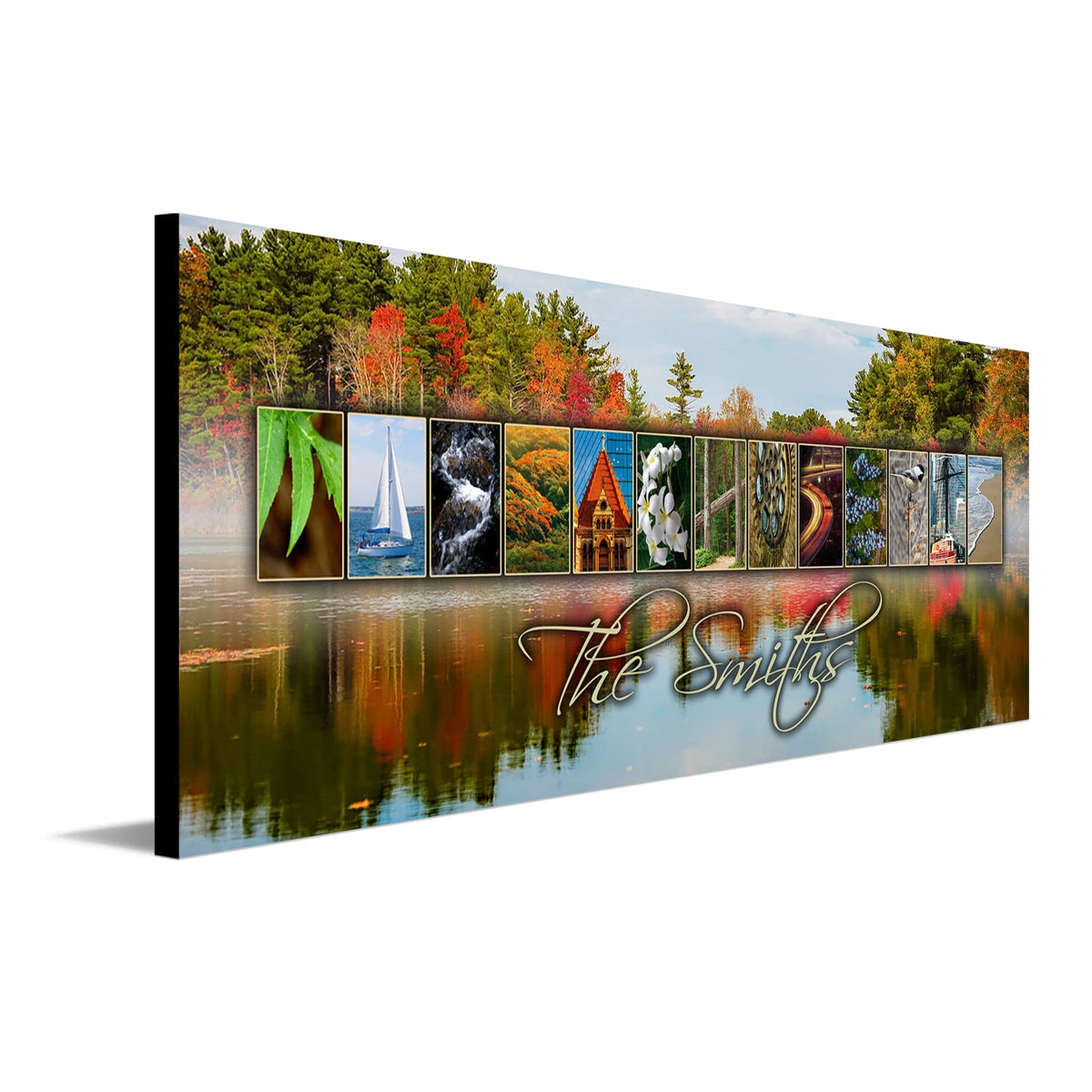 Massachusetts art that uses images from the around the state to spell the word Massachusetts - Personal-Prints