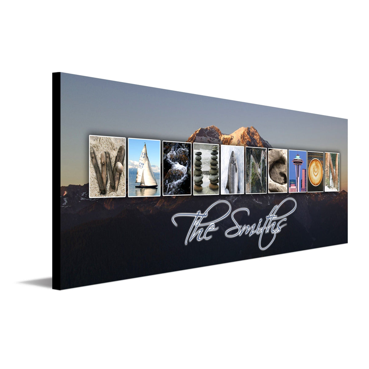 Personalized Washington state gift using images from the state to spell the word Washington - Personal-Prints