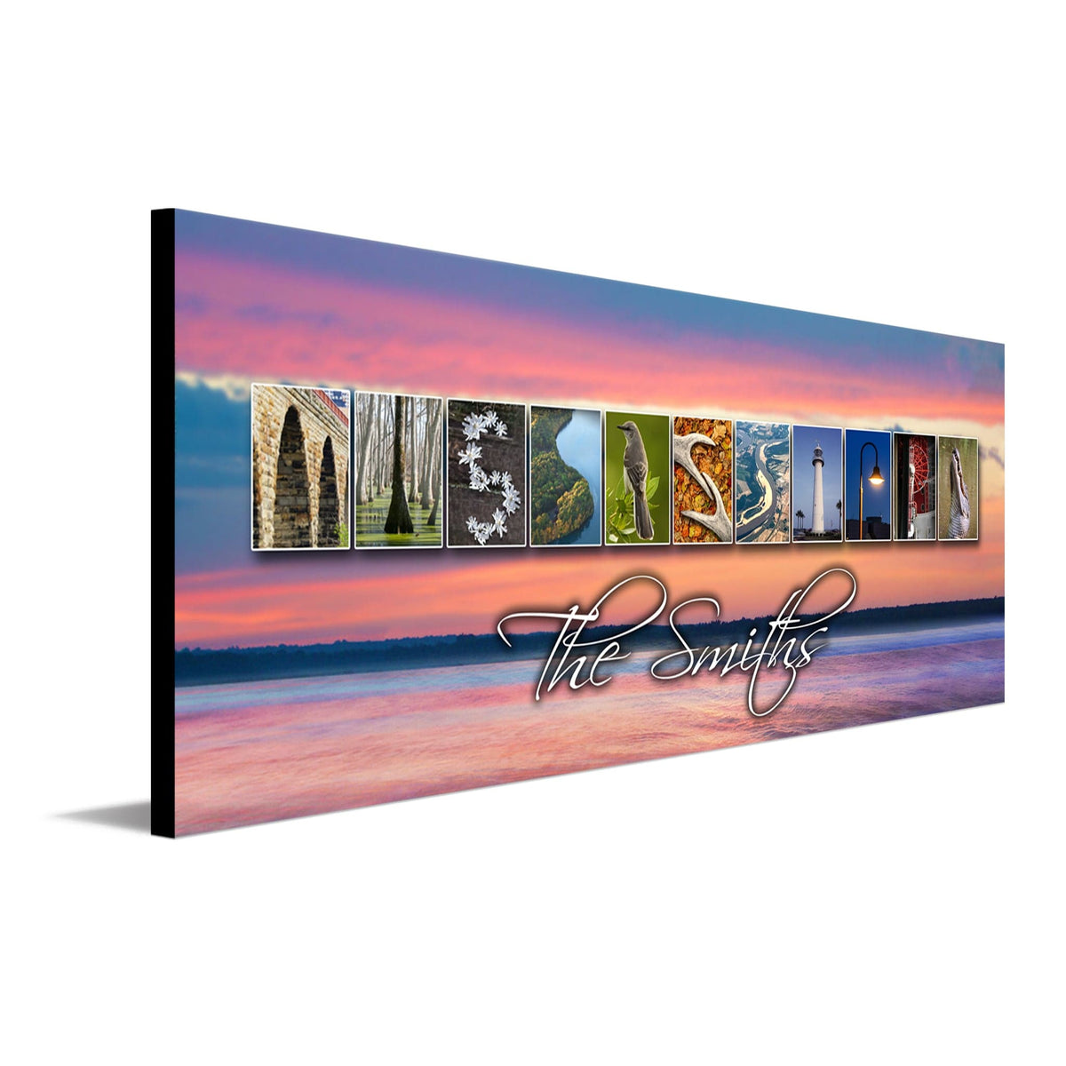 Mississippi art that uses images from the state to spell the word Mississippi - Personal-Prints