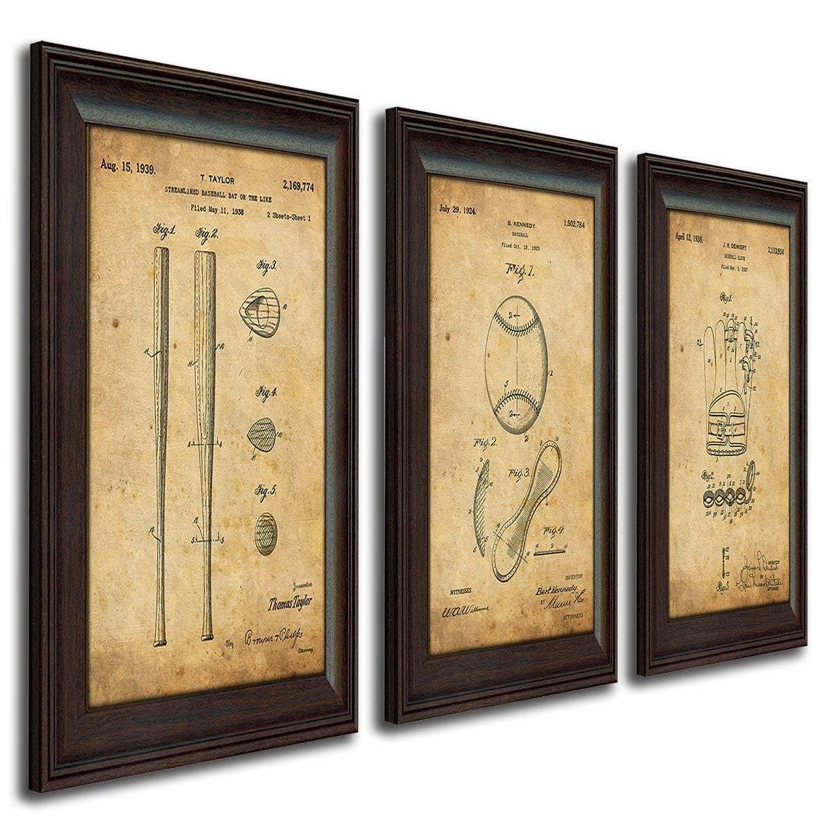 Framed patent art of the original patents for baseball, glove, and bat - Personal-Prints