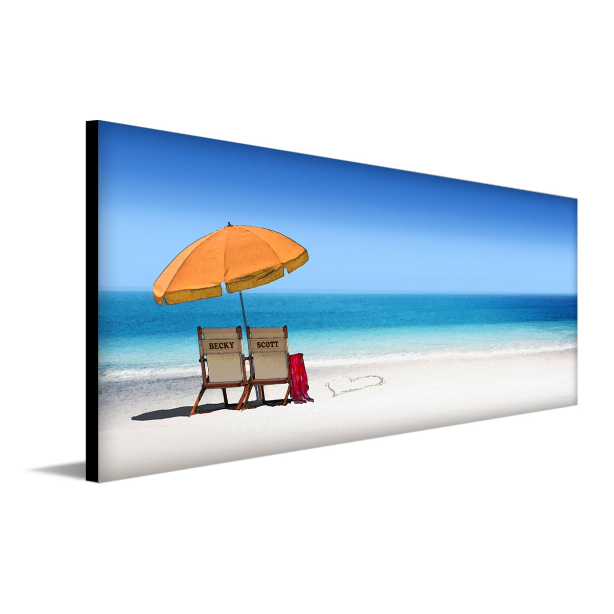 Colorful personalized relaxing blue tones beach decor with umbrella and your names on beach chairs.  - Personal-Prints