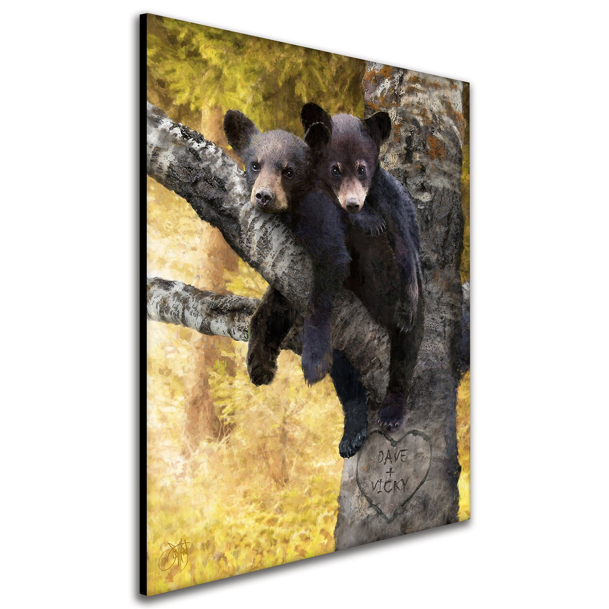 Log Cabin decor of a bear couple in tree personalized with names- Angled View
