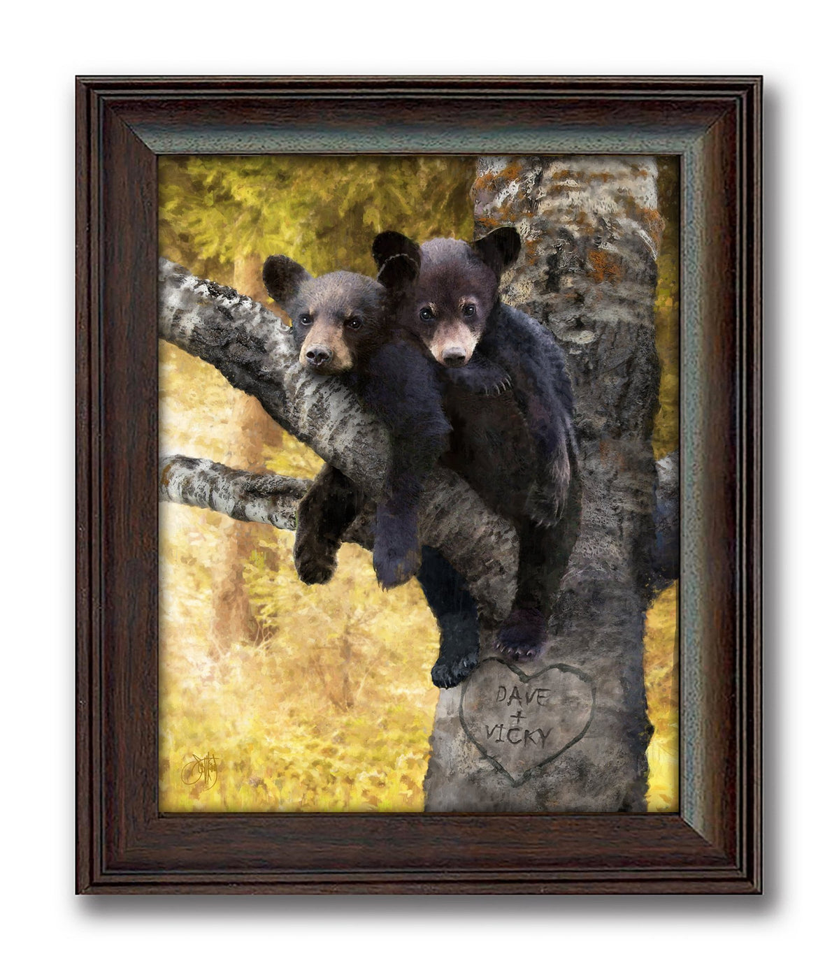 Art print of bears Snuggling in tree with names carved into a tree- framed behind glass
