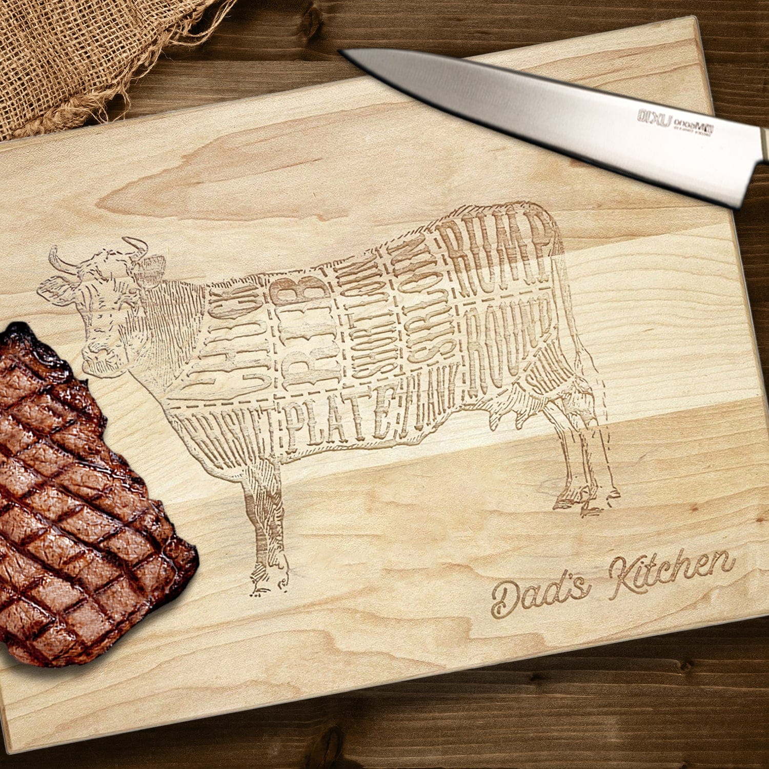 Beef Butcher Cuts Engraved on a Maple Wooden Cutting Board Personalized with one line of text