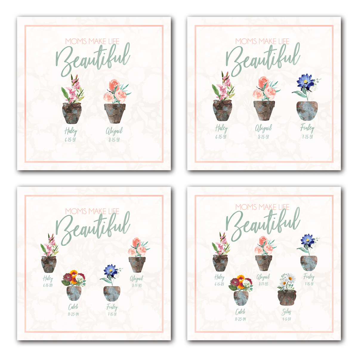 Personalized with one through five birth month flowers along with the name and birthdate of each child