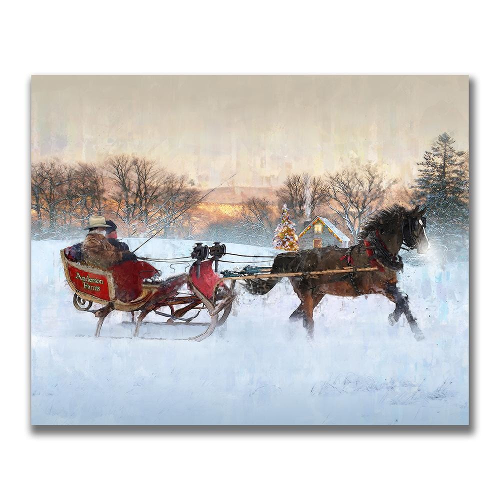 Personalized Christmas Art of a horse pulling a sleigh