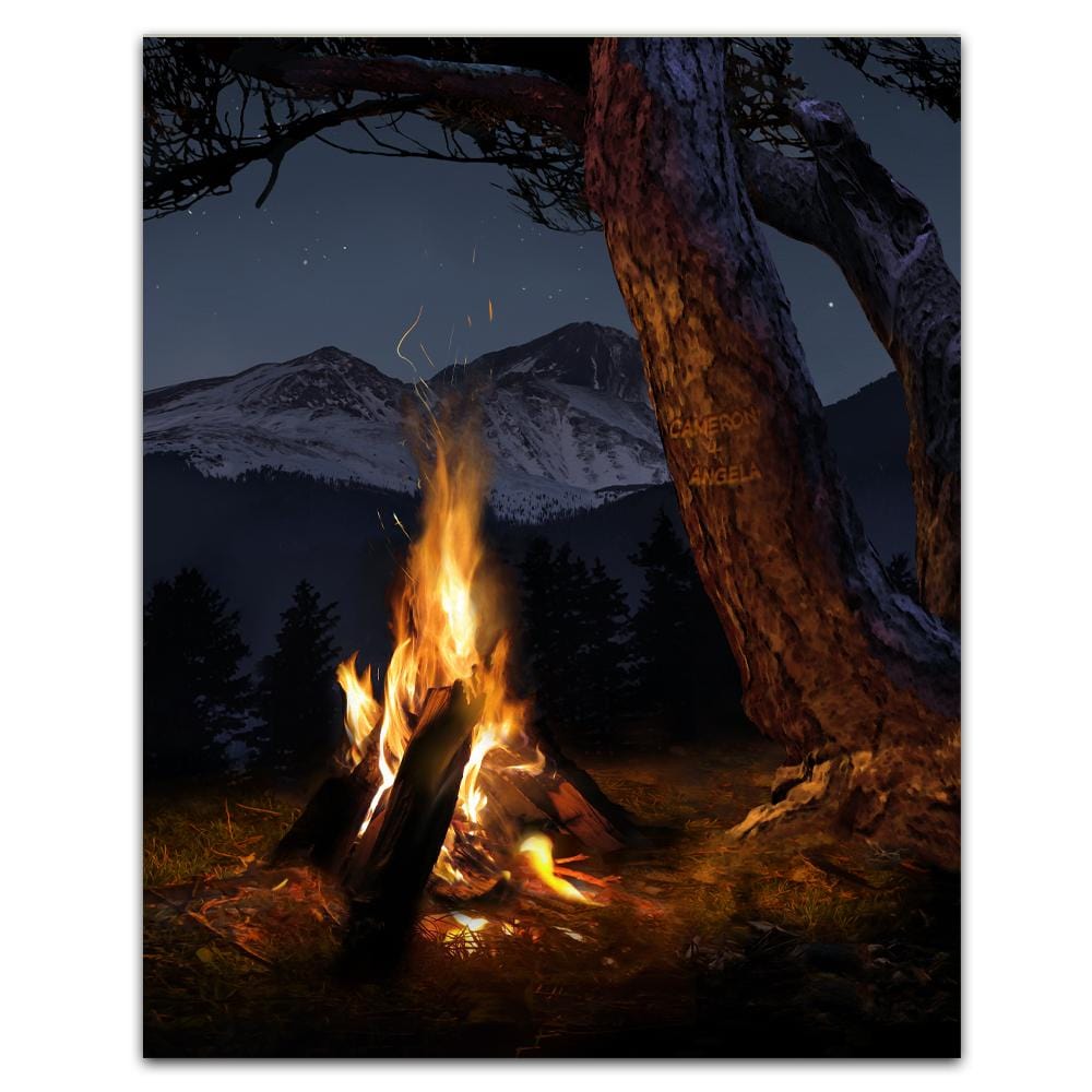 Romantic personalized anniversary gift of a mountain campfire and your names carved on the tree