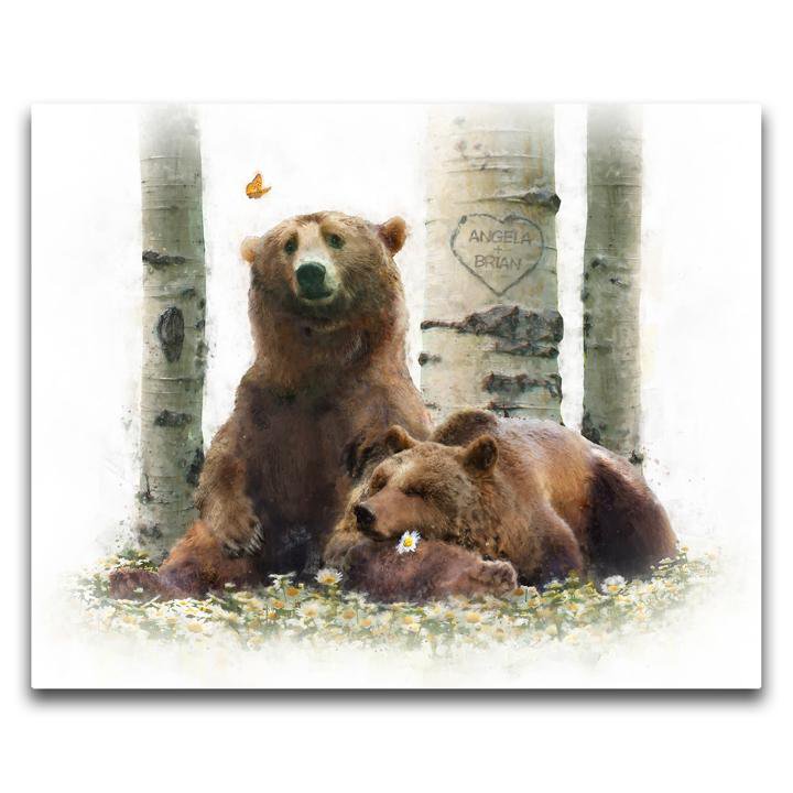Whimsical Brown Bears in Forest Romantic Anniversary Gift Mounted to wood Block