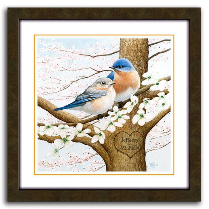 Personalized bird art print of two Chickadees sitting a blooming tree - Personal-Prints