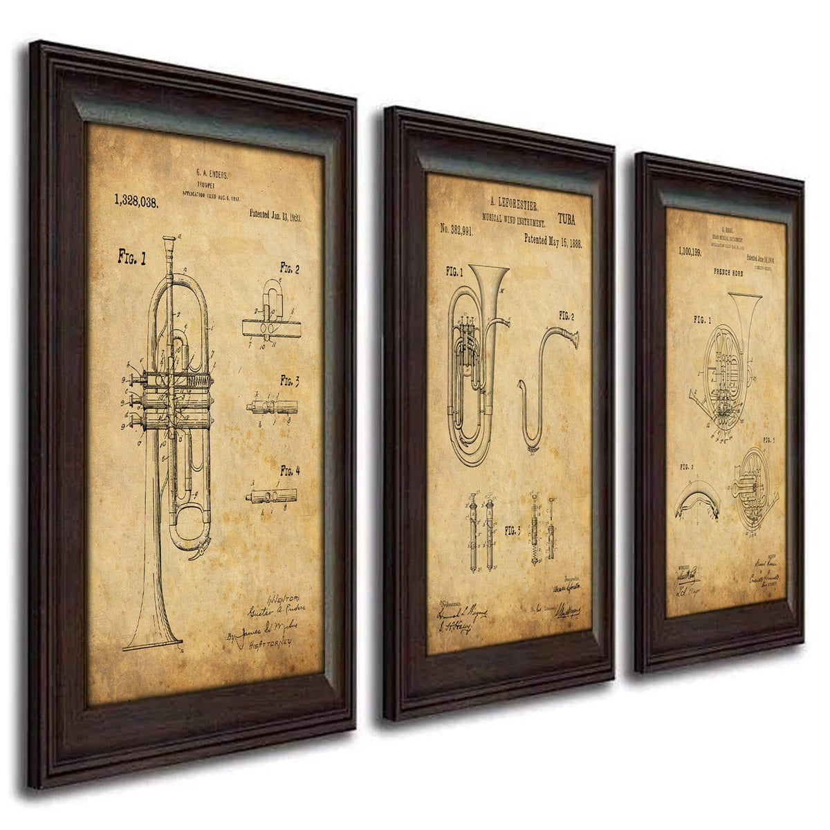 French Horn, Trumpet, Tuba 3-piece US Patent print set