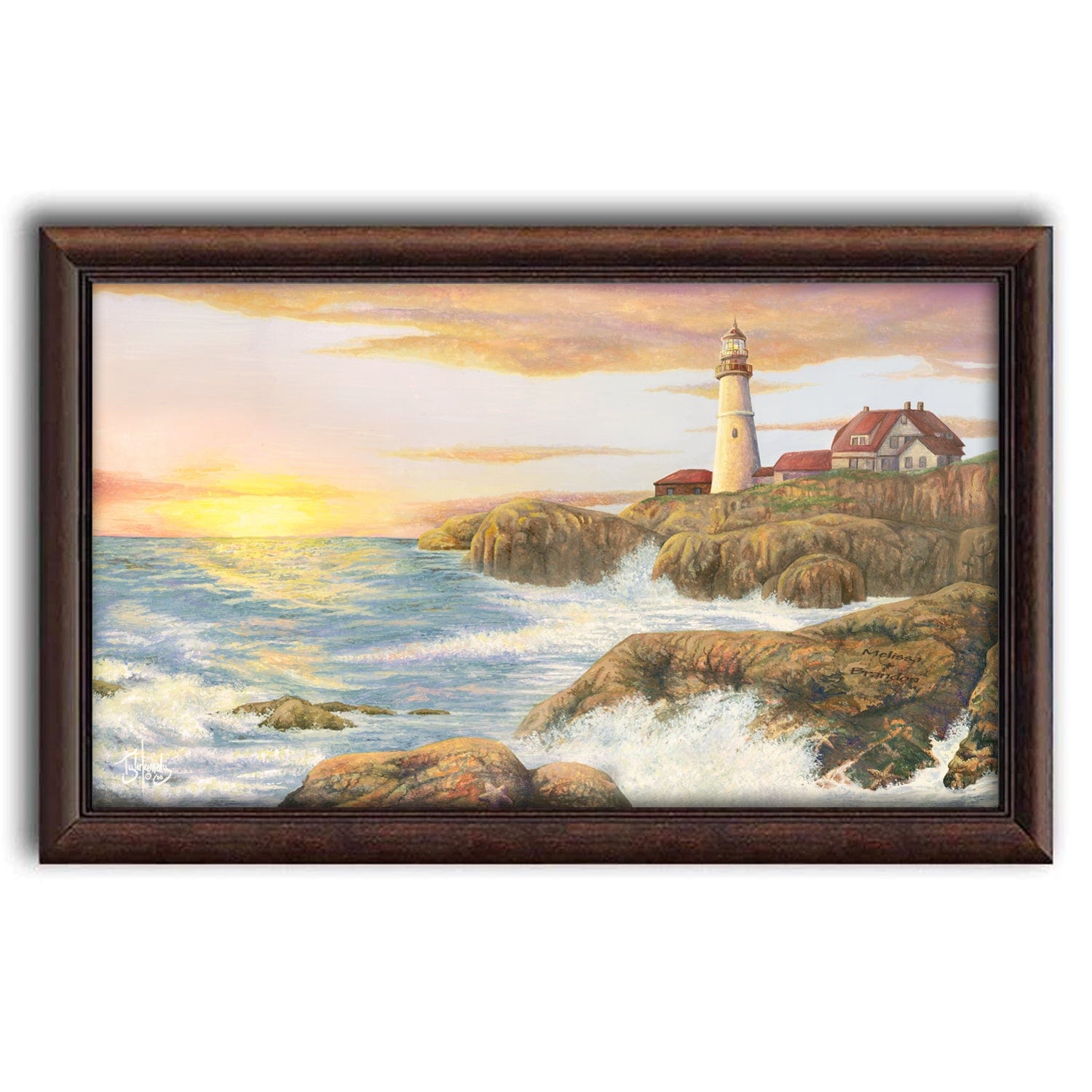 Personalized seascape print of waves crashing against rocks with the sunrise and a lighthouse - Personal-Prints