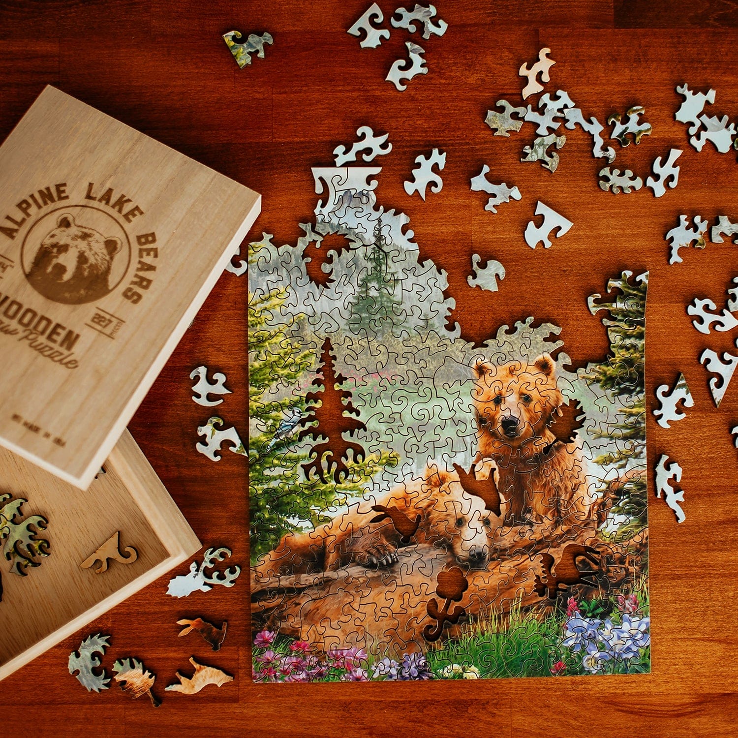 Alpine Bears Personalized Wooden Jigsaw Puzzle With Whimsical Shapes