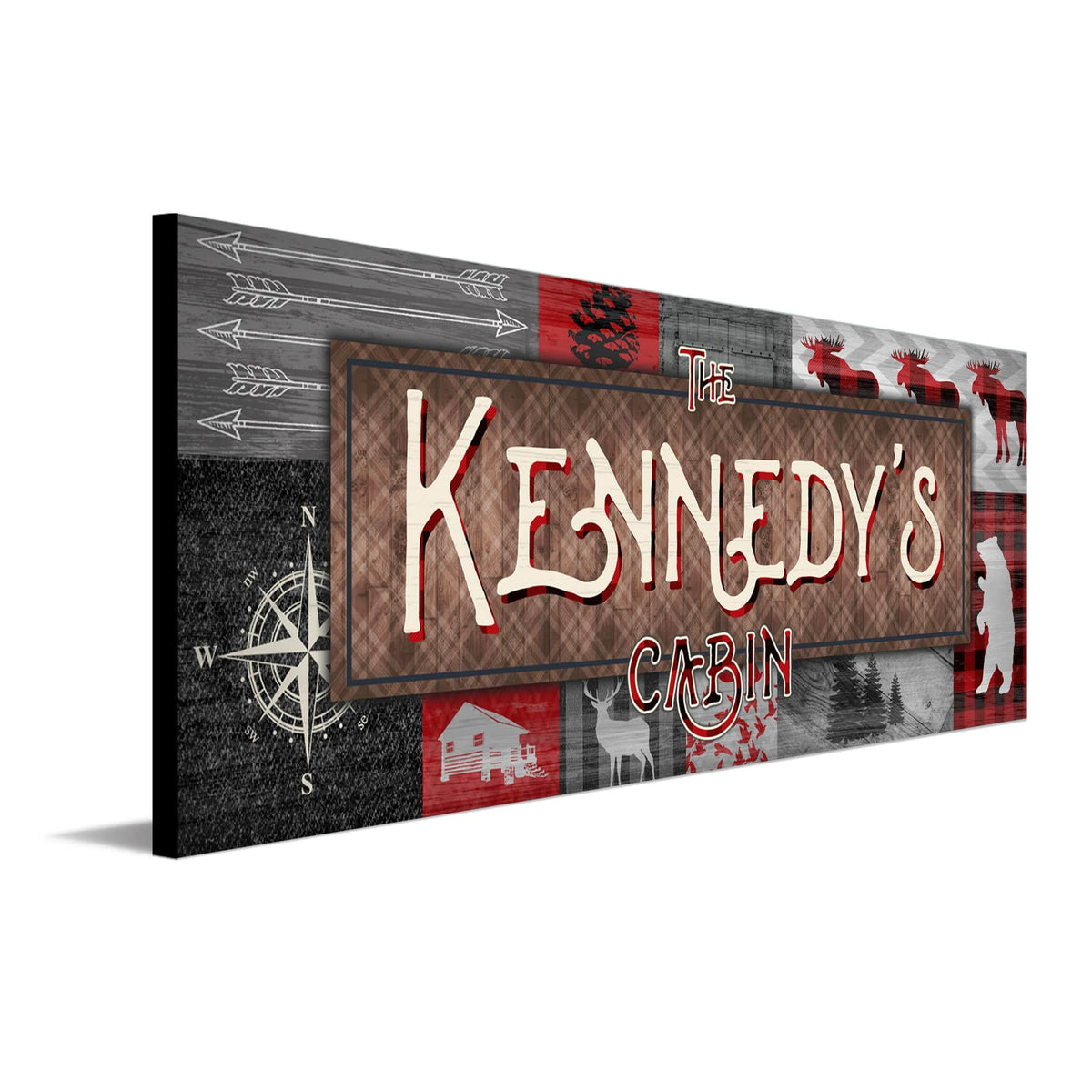 Personalized Buffalo Plaid themed cabin sign with outdoor patterns of moose, deer, and bears- angled view