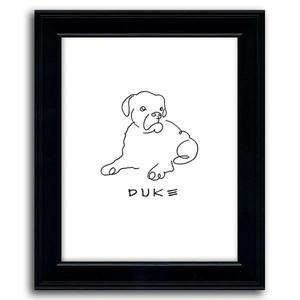 Personalized line drawing art of a boxer with a white background and black frame - Personal-Prints