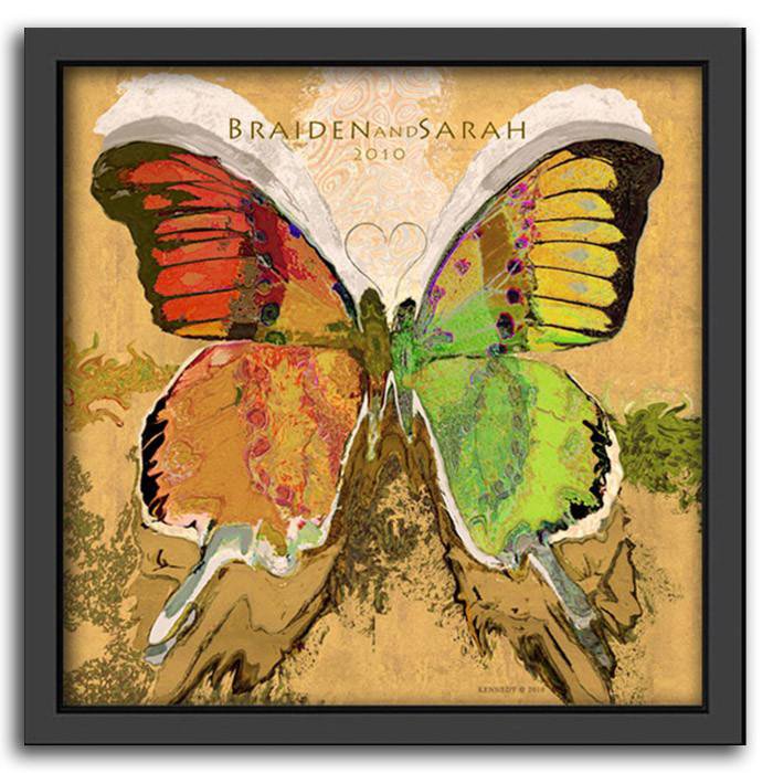 Personalized art painting of a butterfly with red, yellow, green, and orange wings - Framed Canvas