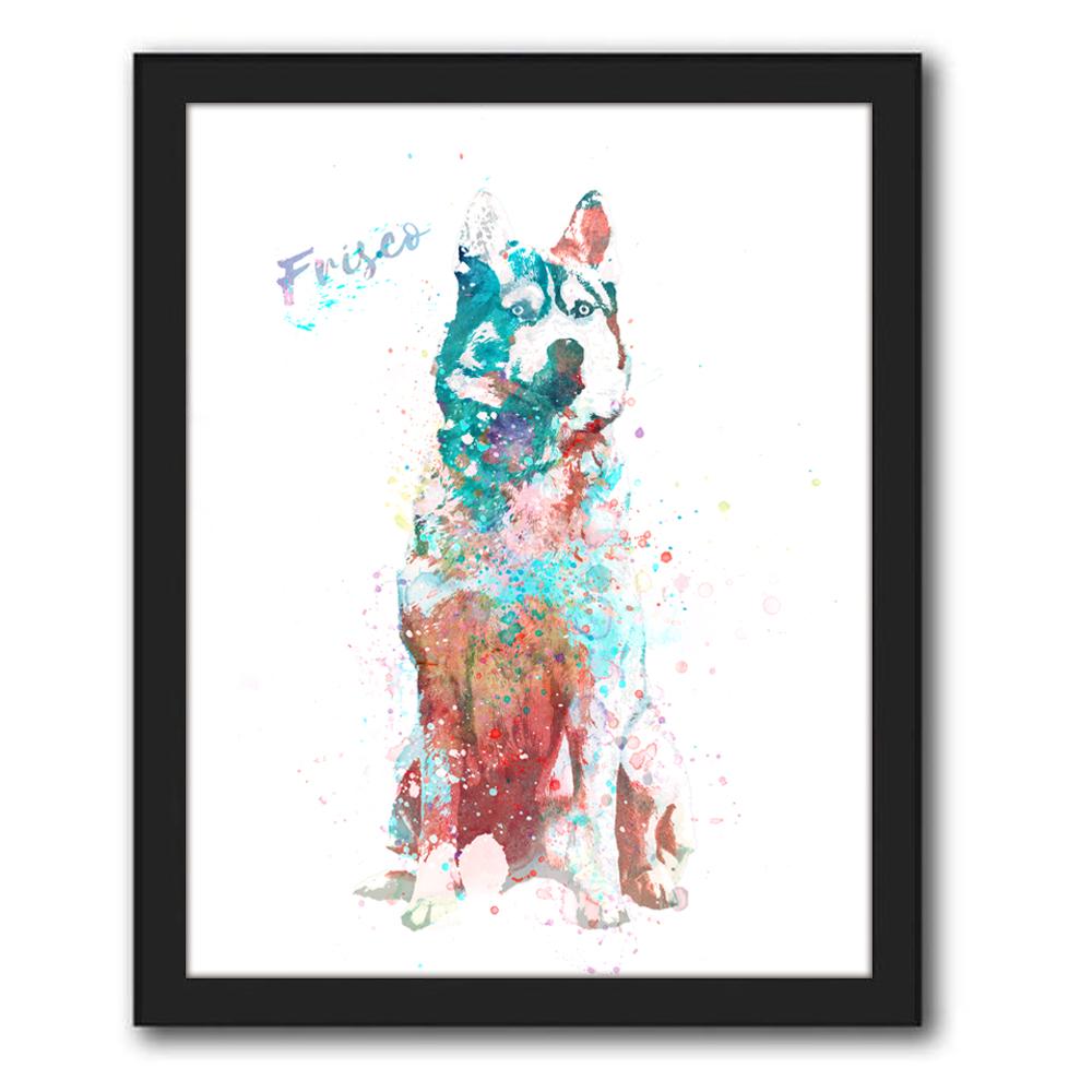 Watercolor Contemporary watercolor siberian husky dog art print - Framed Canvas