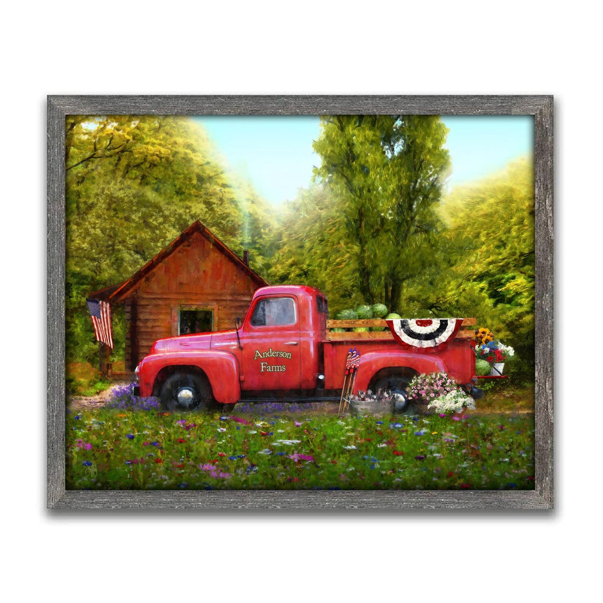 framed canvas art of red truck and American flag