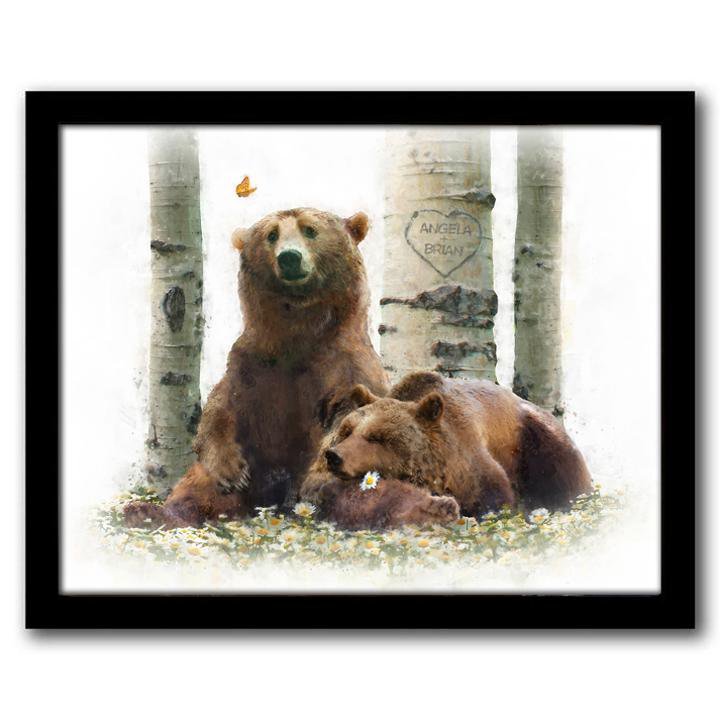 Lodge and Cabin Decor with Brown Bears and Names Carved Into Aspen Tree- Framed Canvas