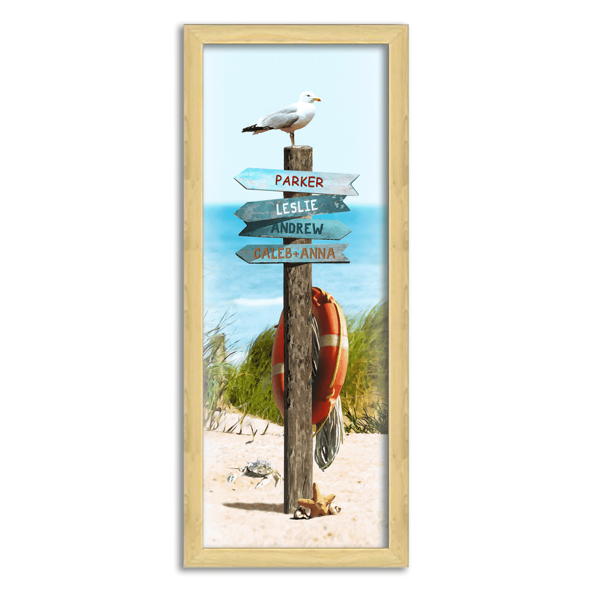 Framed Ocean Coastal Art that includes your personalized names on the signs