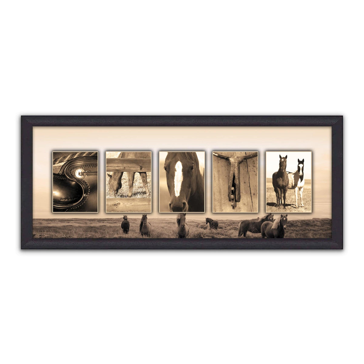 Western horse art with equestrian-themed images to spell your name and a field in the background - Framed Canvas