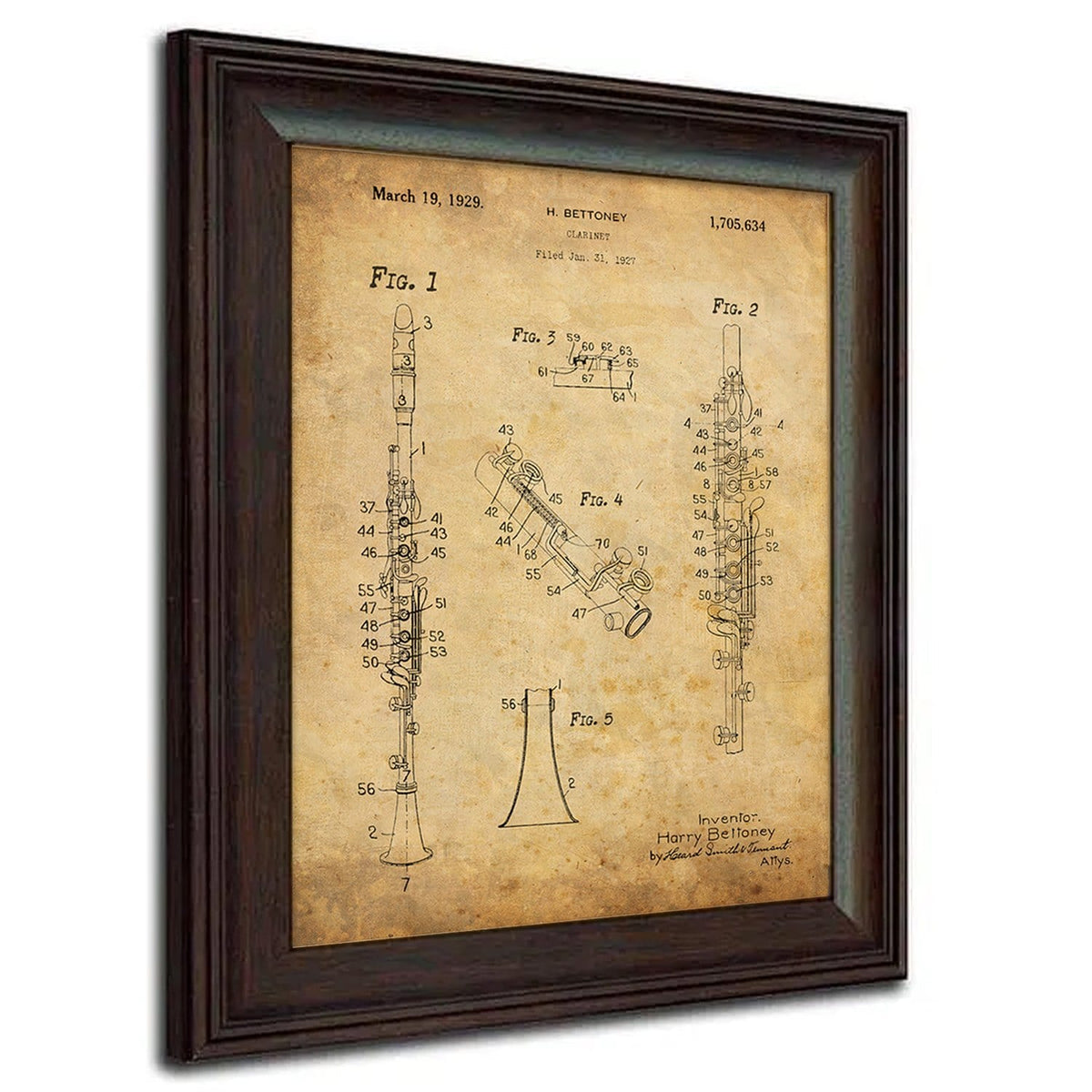 1929 Clarinet US Patent drawing art framed