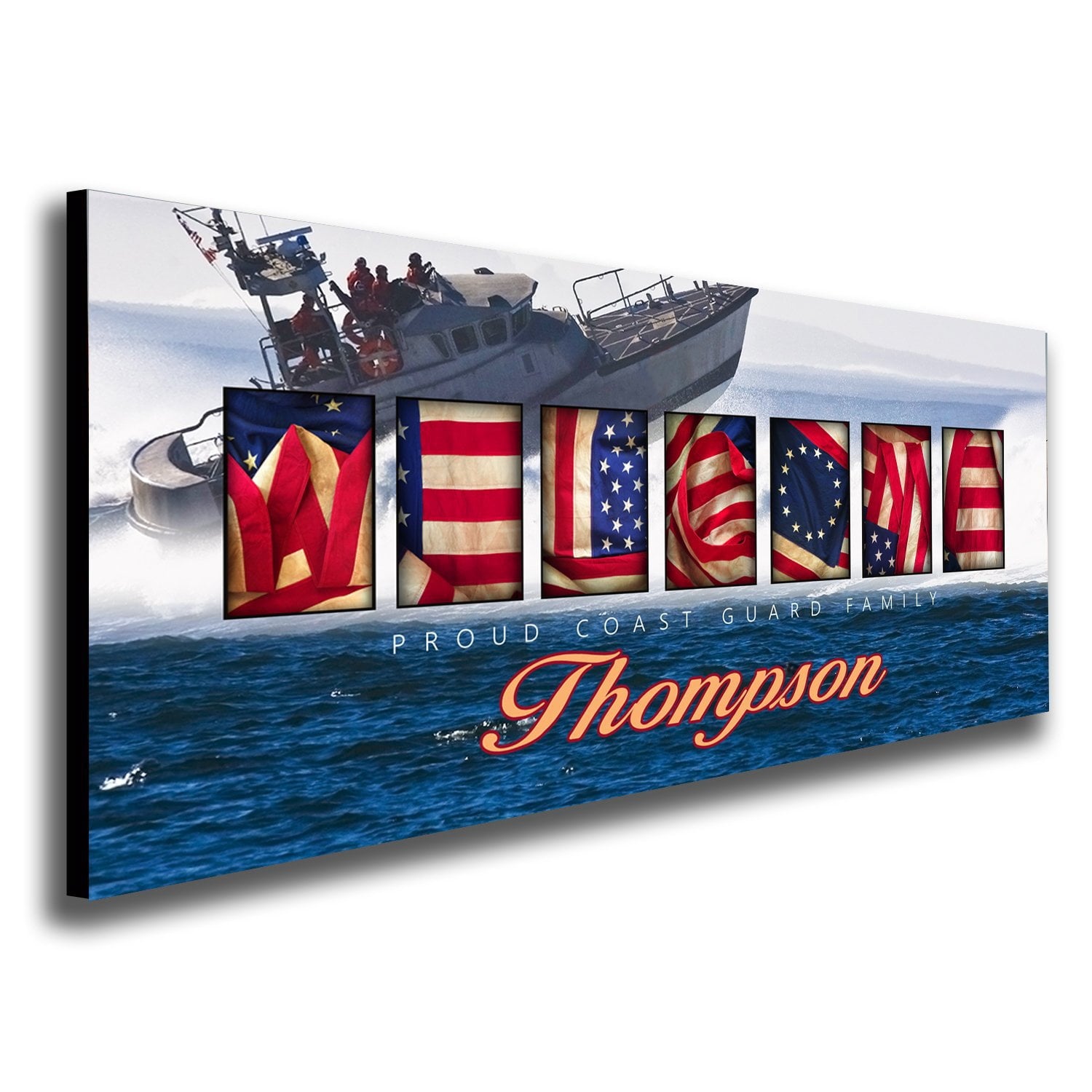 Coast Guard art using the American flag to spell the word "Welcome" and a ship in the ocean - Personal-Prints