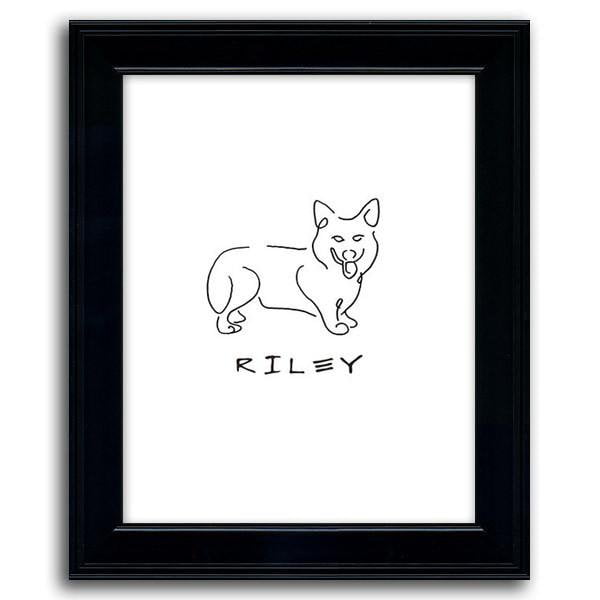 Personalized dog line drawing of a corgi with a white background and a black frame - Personal-Prints