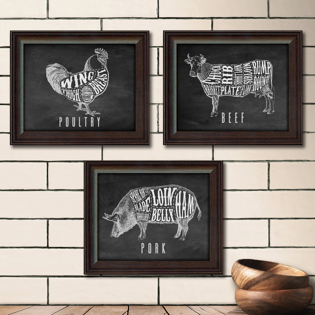 Set of three butcher cut prints include Beef, Pork and Poultry. - Framed option